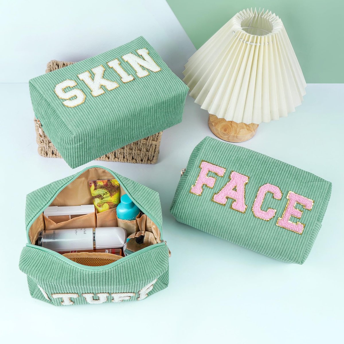 MAGEFY Small Corduroy Makeup Bag for Purse – Portable Cosmetic Pouch with Compartments for Women, Green (STUFF) - görsel 11