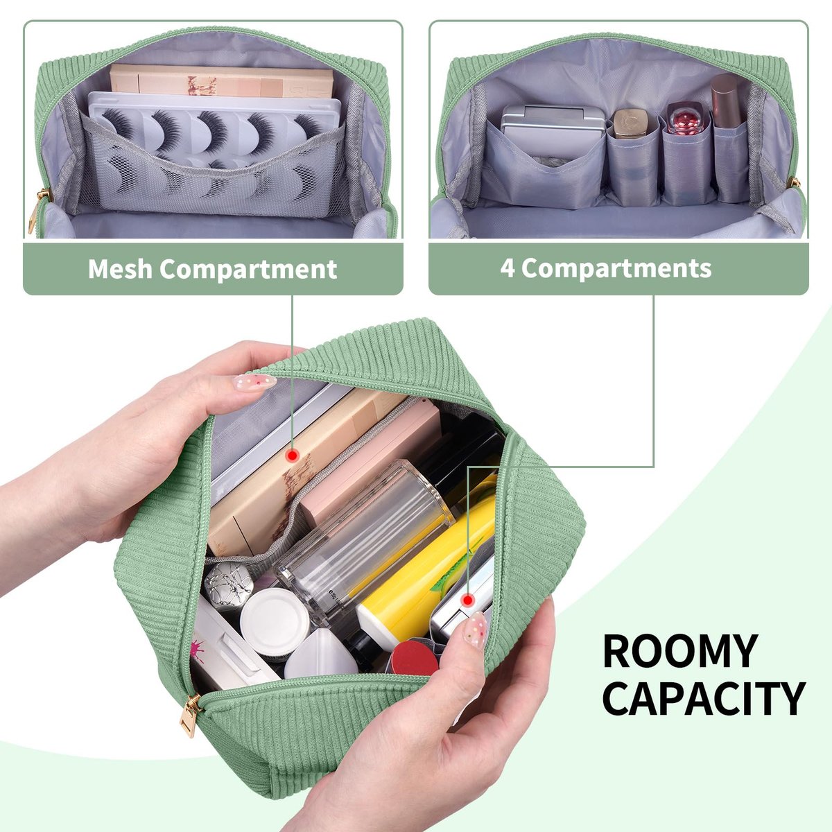 MAGEFY Small Corduroy Makeup Bag for Purse – Portable Cosmetic Pouch with Compartments for Women, Green (STUFF) - görsel 9