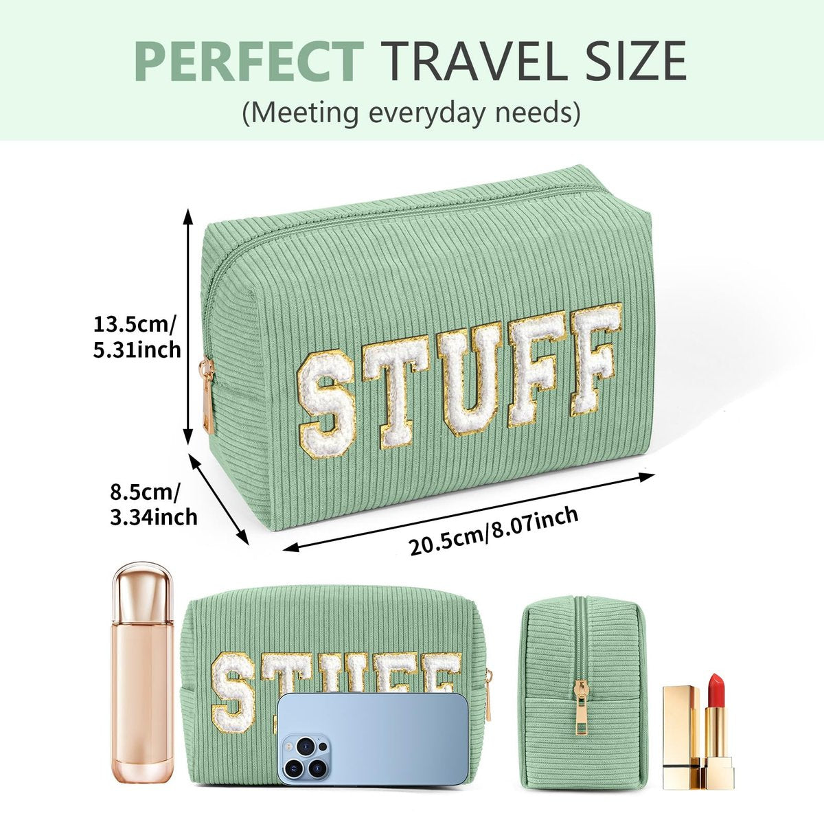 MAGEFY Small Corduroy Makeup Bag for Purse – Portable Cosmetic Pouch with Compartments for Women, Green (STUFF) - görsel 5