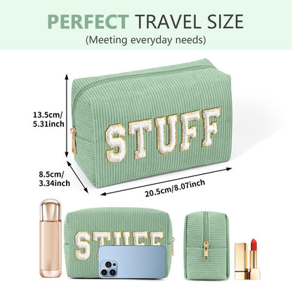 MAGEFY Small Corduroy Makeup Bag for Purse – Portable Cosmetic Pouch with Compartments for Women, Green (STUFF)