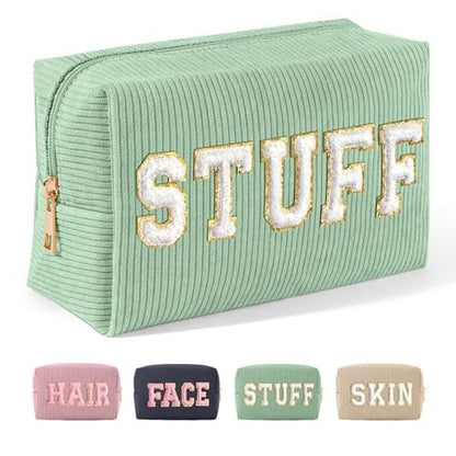 MAGEFY Small Corduroy Makeup Bag for Purse – Portable Cosmetic Pouch with Compartments for Women, Green (STUFF)