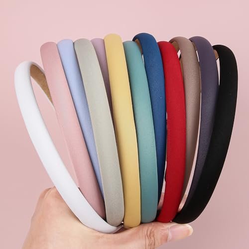 XIMA Solid Fabric Headbands for Women and Girls, 10mm Soft Satin Thin Non-Slip Hairbands - Set of 12 Multicolor Avelisse