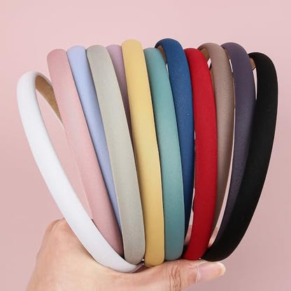 XIMA Solid Fabric Headbands for Women and Girls, 10mm Soft Satin Thin Non-Slip Hairbands - Set of 12 Multicolor Avelisse
