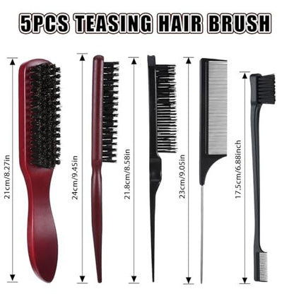 cobee 5-Piece Slick Back Hair Brush Set - Natural Boar Bristle Brush, Edge Control Brush, Teasing Comb & Wax Stick for Flyaways - Smooth Hair Parting & Styling Avelisse