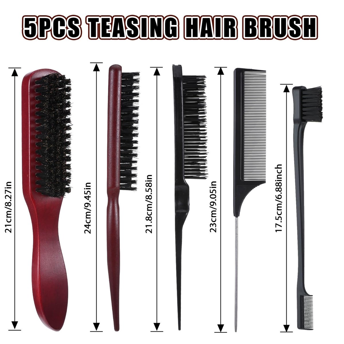 cobee 5-Piece Slick Back Hair Brush Set - Natural Boar Bristle Brush, Edge Control Brush, Teasing Comb & Wax Stick for Flyaways - Smooth Hair Parting & Styling Avelisse
