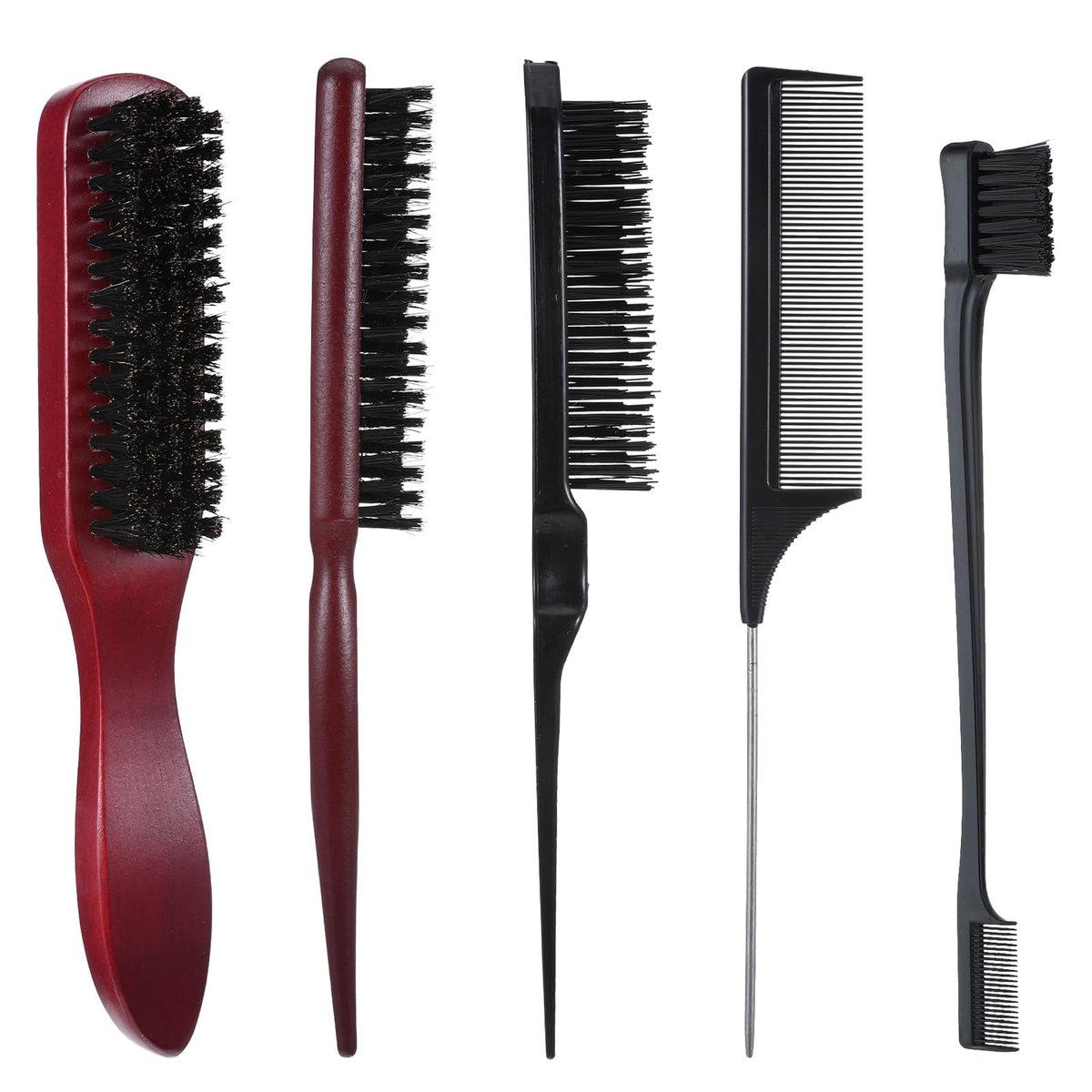 cobee 5-Piece Slick Back Hair Brush Set - Natural Boar Bristle Brush, Edge Control Brush, Teasing Comb & Wax Stick for Flyaways - Smooth Hair Parting & Styling Avelisse