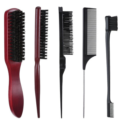 cobee 5-Piece Slick Back Hair Brush Set - Natural Boar Bristle Brush, Edge Control Brush, Teasing Comb & Wax Stick for Flyaways - Smooth Hair Parting & Styling Avelisse