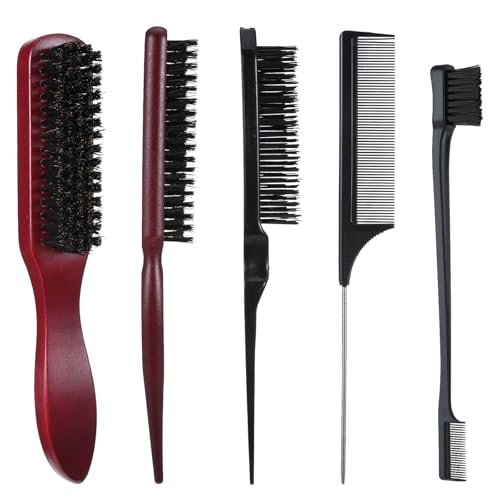 cobee 5-Piece Slick Back Hair Brush Set - Natural Boar Bristle Brush, Edge Control Brush, Teasing Comb & Wax Stick for Flyaways - Smooth Hair Parting & Styling Avelisse