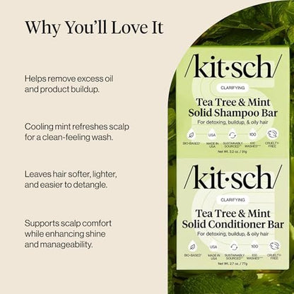 Kitsch Clarifying Tea Tree Shampoo and Conditioner Set – Natural Scalp & Oil Control Hair Care Bars for Women and Men – Paraben, Sulfate & Silicone Free – Made in USA – 2 Count Avelisse