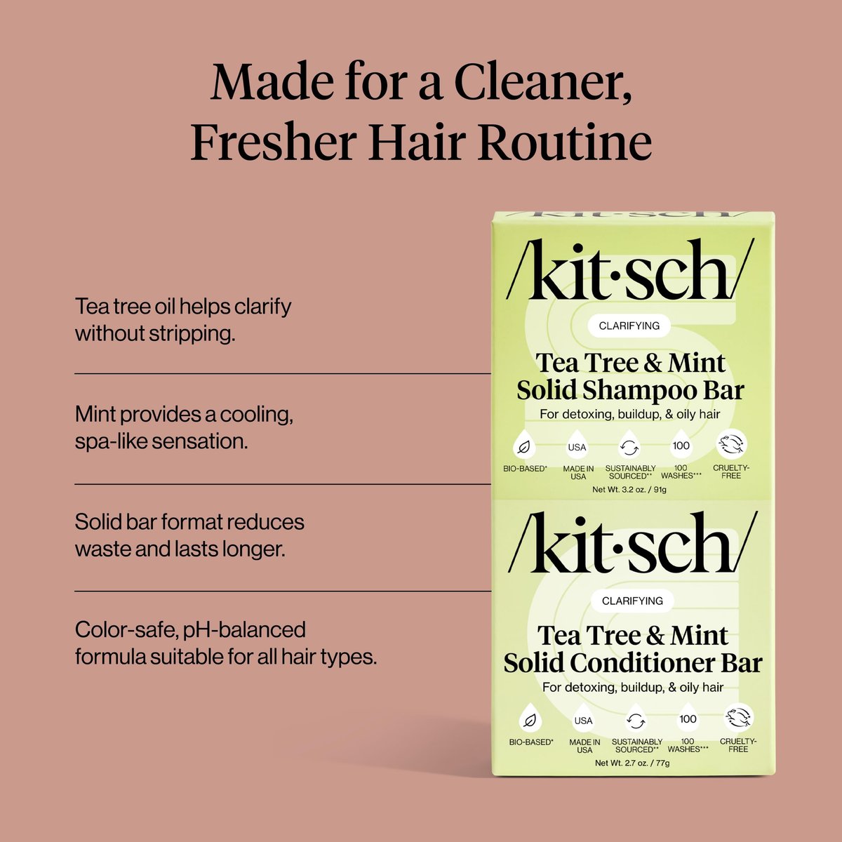 Kitsch Clarifying Tea Tree Shampoo and Conditioner Set – Natural Scalp & Oil Control Hair Care Bars for Women and Men – Paraben, Sulfate & Silicone Free – Made in USA – 2 Count Avelisse