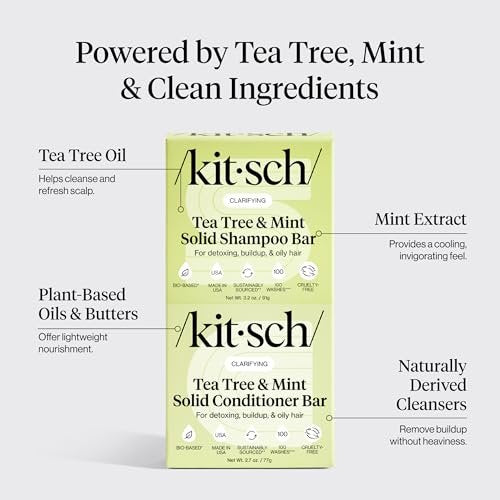 Kitsch Clarifying Tea Tree Shampoo and Conditioner Set – Natural Scalp & Oil Control Hair Care Bars for Women and Men – Paraben, Sulfate & Silicone Free – Made in USA – 2 Count Avelisse