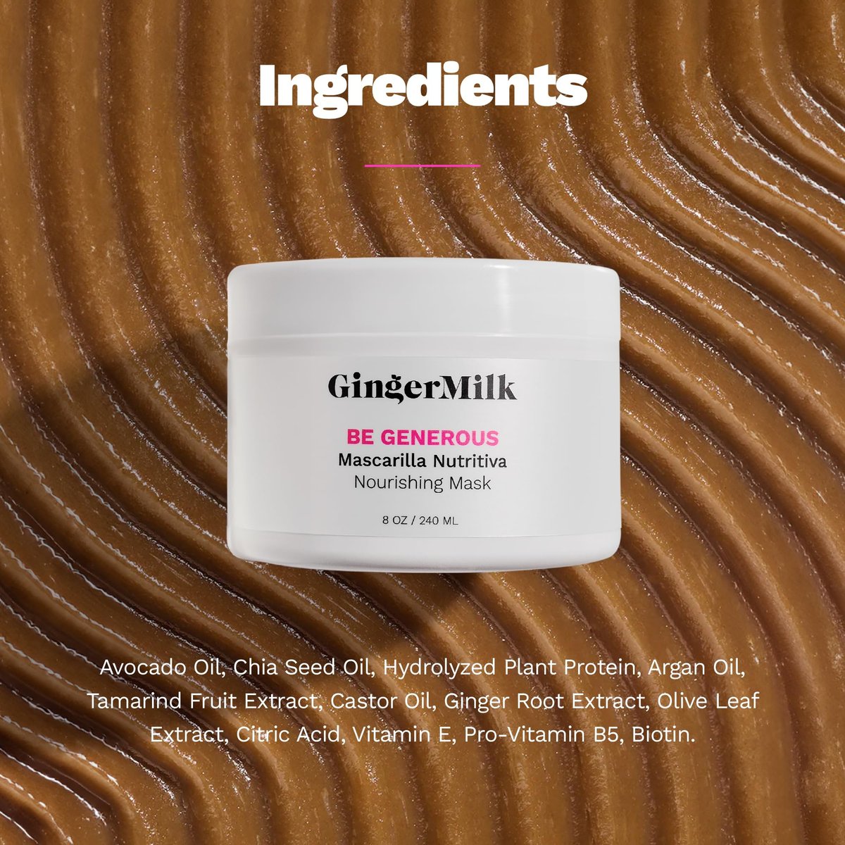 Deep Repair Hair Mask for Dry, Damaged & Curly Hair – Hydrating Hair Mask with Castor Oil, Biotin & Ginger Milk – Sulfate Free Hair Mask for Color Treated Hair – Be Generous by Ginger Milk – 8 oz Avelisse