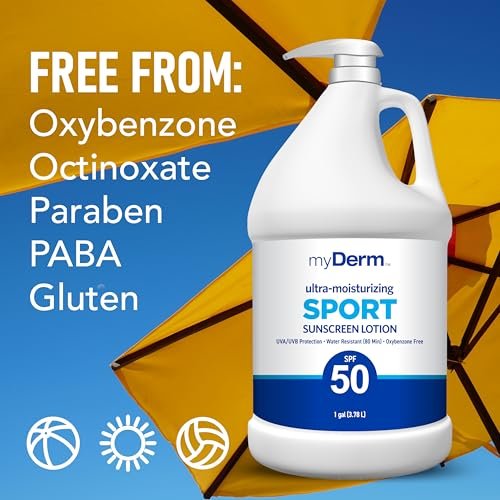 MyDerm Ultra-Moisturizing SPF 50 Sport Sunscreen Lotion – 128 oz Gallon, Hawaii Reef Compliant, Broad Spectrum UVA/UVB Protection Avelisse