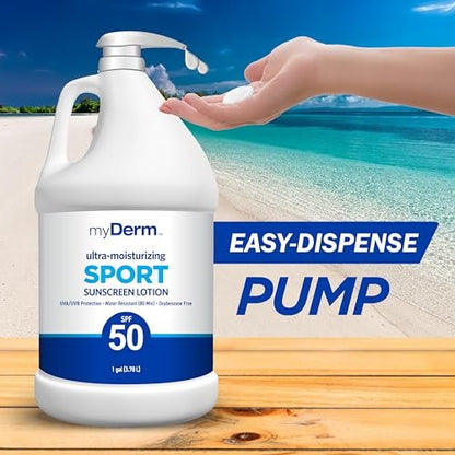 MyDerm Ultra-Moisturizing SPF 50 Sport Sunscreen Lotion – 128 oz Gallon, Hawaii Reef Compliant, Broad Spectrum UVA/UVB Protection Avelisse