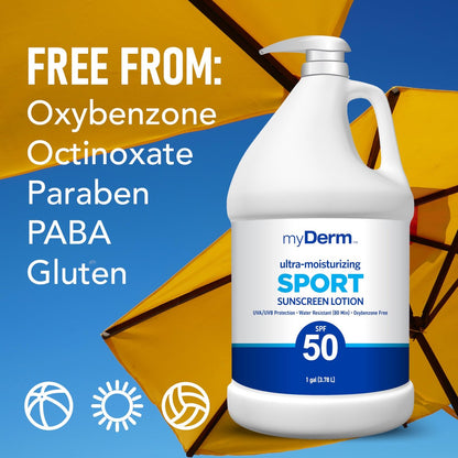 MyDerm Ultra-Moisturizing SPF 50 Sport Sunscreen Lotion – 128 oz Gallon, Hawaii Reef Compliant, Broad Spectrum UVA/UVB Protection Avelisse