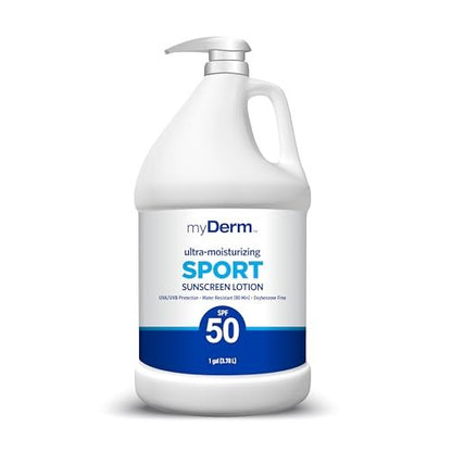 MyDerm Ultra-Moisturizing SPF 50 Sport Sunscreen Lotion – 128 oz Gallon, Hawaii Reef Compliant, Broad Spectrum UVA/UVB Protection Avelisse