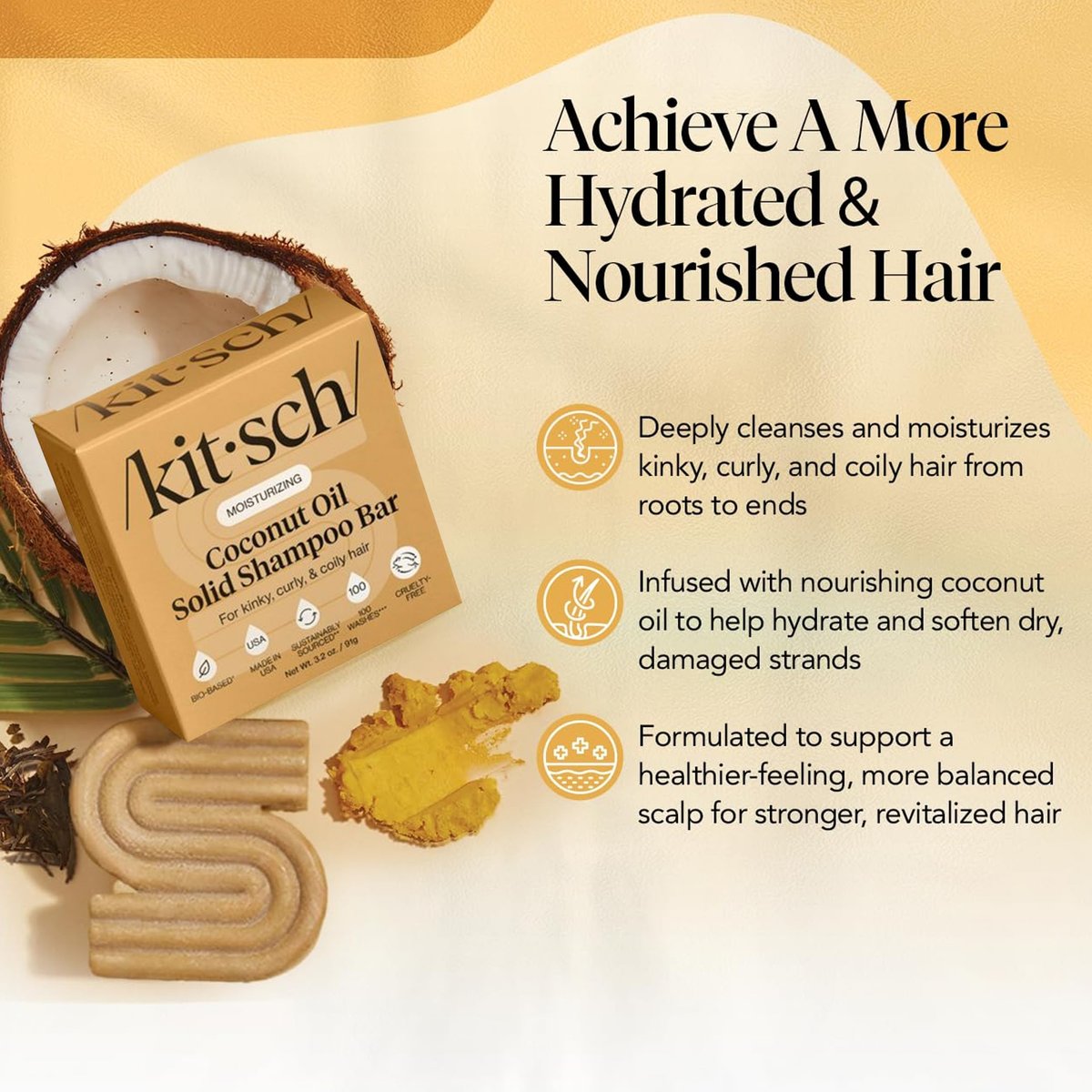 Kitsch Coconut Oil Shampoo Bar – Hydrate & Soften Dry Damaged Hair, Deep Moisturizing Curly Hair Shampoo, Safe for Color Treated Hair, Silicone, Paraben & Sulfate Free, Made in USA, 3.2 oz - görsel 4