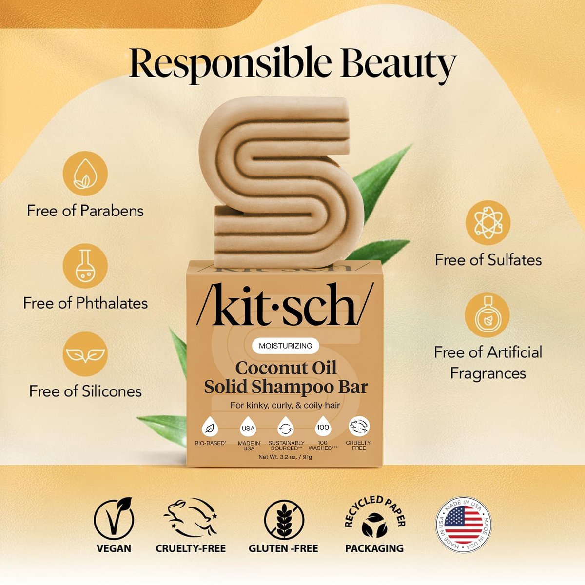 Kitsch Coconut Oil Shampoo Bar – Hydrate & Soften Dry Damaged Hair, Deep Moisturizing Curly Hair Shampoo, Safe for Color Treated Hair, Silicone, Paraben & Sulfate Free, Made in USA, 3.2 oz - görsel 8