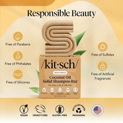 Kitsch Coconut Oil Shampoo Bar – Hydrate & Soften Dry Damaged Hair, Deep Moisturizing Curly Hair Shampoo, Safe for Color Treated Hair, Silicone, Paraben & Sulfate Free, Made in USA, 3.2 oz
