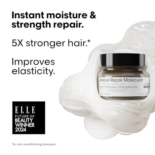 L'Oréal Professionnel Paris Absolut Repair Molecular Hair Mask - Repairs Damage & Restores Strength for Extremely Dry Damaged Hair, Extra Detangling & Hydration, Peptides Bonder, 8.5 Fl Oz - görsel 8