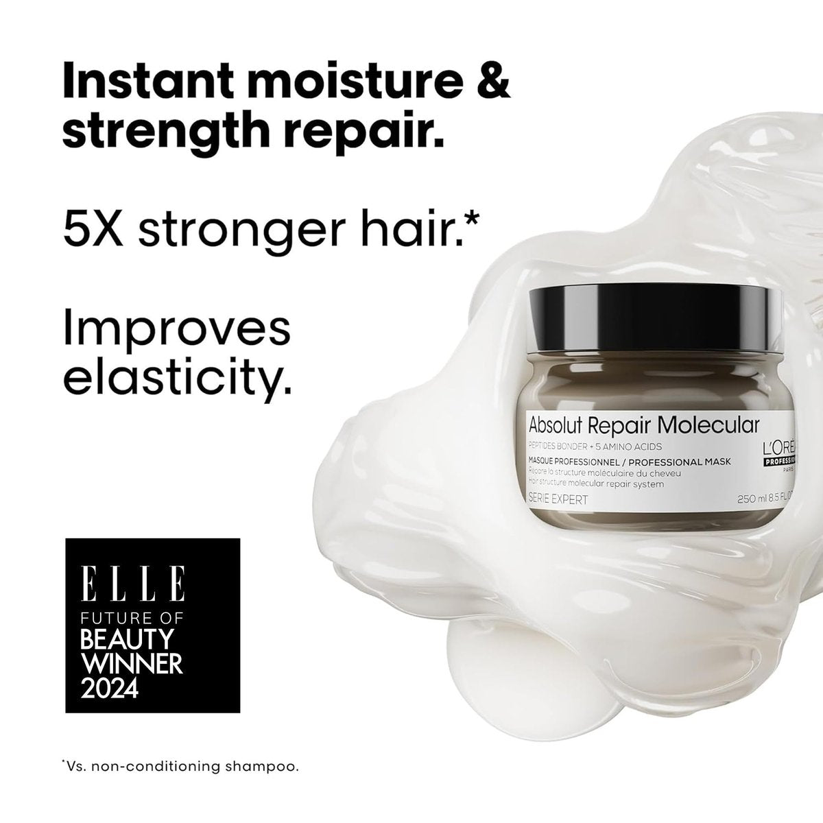L'Oréal Professionnel Paris Absolut Repair Molecular Hair Mask - Repairs Damage & Restores Strength for Extremely Dry Damaged Hair, Extra Detangling & Hydration, Peptides Bonder, 8.5 Fl Oz - görsel 7