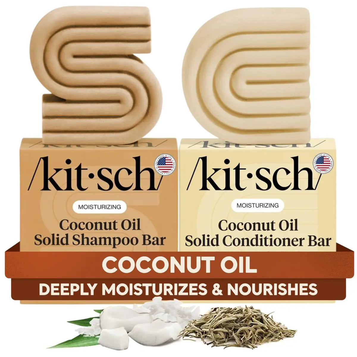 Kitsch Coconut Oil Shampoo and Conditioner Set – Deep Moisturizing Solid Bars for Dry, Damaged, Curly, Coily & Color Treated Hair – Made in USA Avelisse