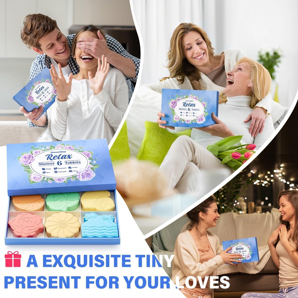 SeasonBliss Shower Steamers 6 Pack – Unique Shaped Aromatherapy Shower Bombs in Orange, Peppermint, Lemon, Rose, Chamomile, and Sea Scent – Relaxing Gift for Women, Mother's Day, Birthday, Valentine's Day Avelisse