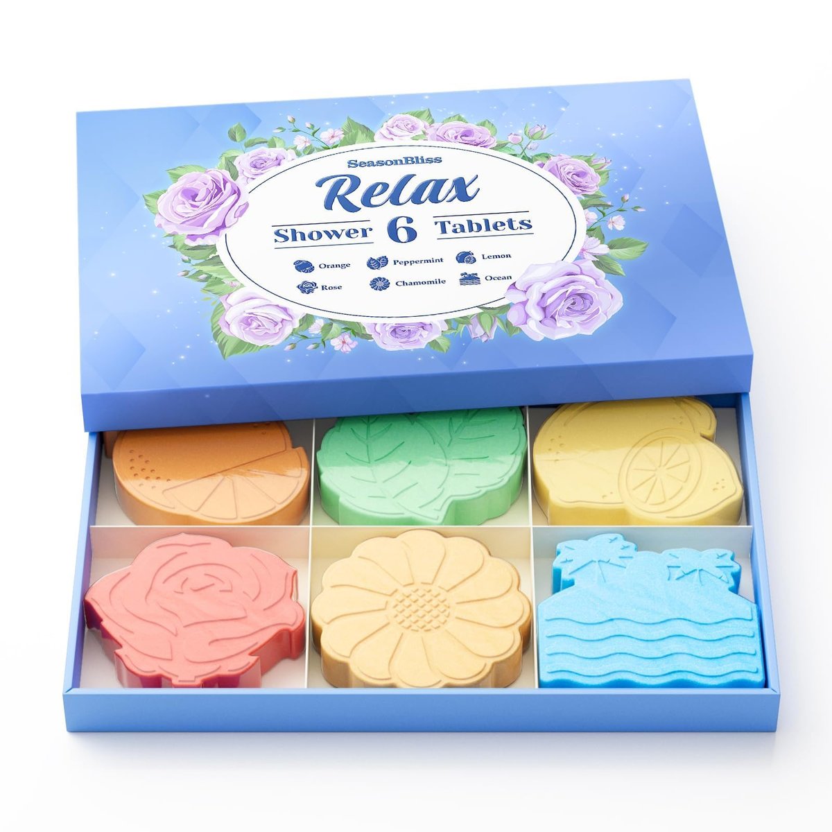 SeasonBliss Shower Steamers 6 Pack – Unique Shaped Aromatherapy Shower Bombs in Orange, Peppermint, Lemon, Rose, Chamomile, and Sea Scent – Relaxing Gift for Women, Mother's Day, Birthday, Valentine's Day Avelisse