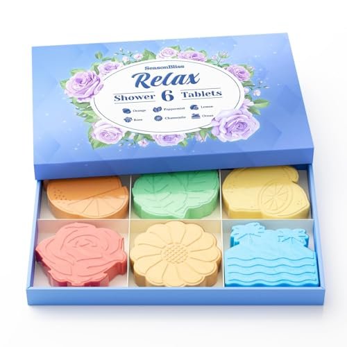 SeasonBliss Shower Steamers 6 Pack – Unique Shaped Aromatherapy Shower Bombs in Orange, Peppermint, Lemon, Rose, Chamomile, and Sea Scent – Relaxing Gift for Women, Mother's Day, Birthday, Valentine's Day Avelisse