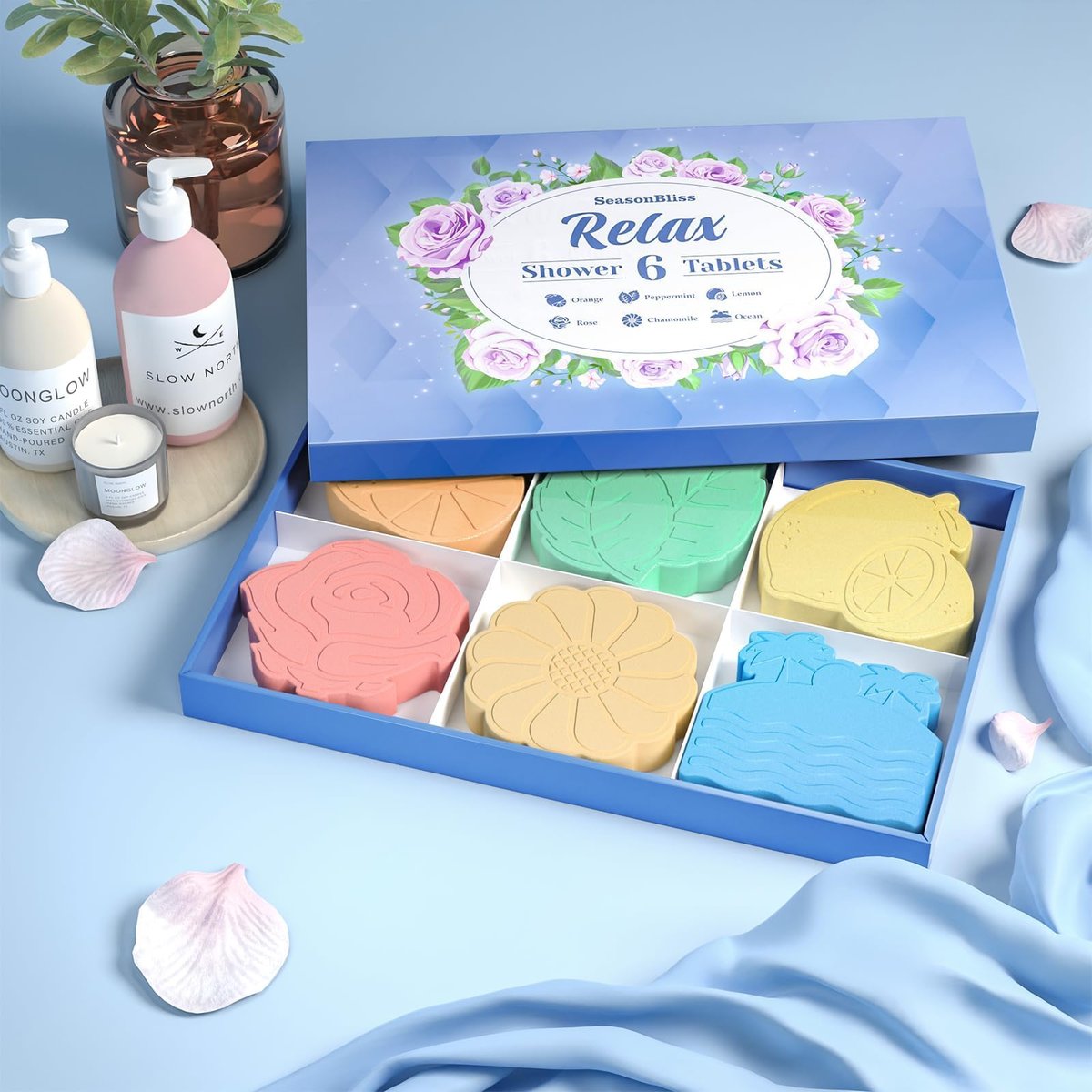 SeasonBliss Shower Steamers 6 Pack – Unique Shaped Aromatherapy Shower Bombs in Orange, Peppermint, Lemon, Rose, Chamomile, and Sea Scent – Relaxing Gift for Women, Mother's Day, Birthday, Valentine's Day Avelisse