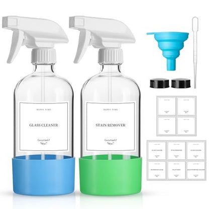 GIVAMEIHF 2 Pack Glass Spray Bottles with Silicone Sleeve - 16oz Clear Refillable Empty Bottles with Adjustable Nozzle for Essential Oils, Cleaning Solutions, Pets, Hair