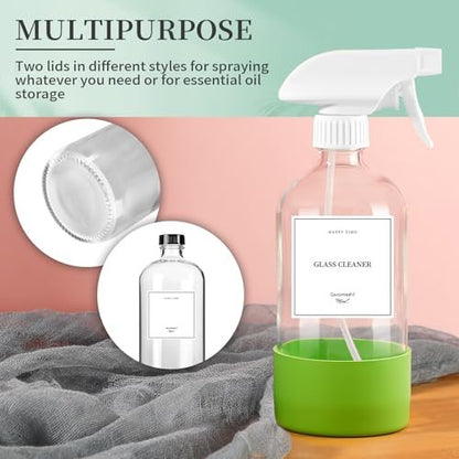 GIVAMEIHF 2 Pack Glass Spray Bottles with Silicone Sleeve - 16oz Clear Refillable Empty Bottles with Adjustable Nozzle for Essential Oils, Cleaning Solutions, Pets, Hair