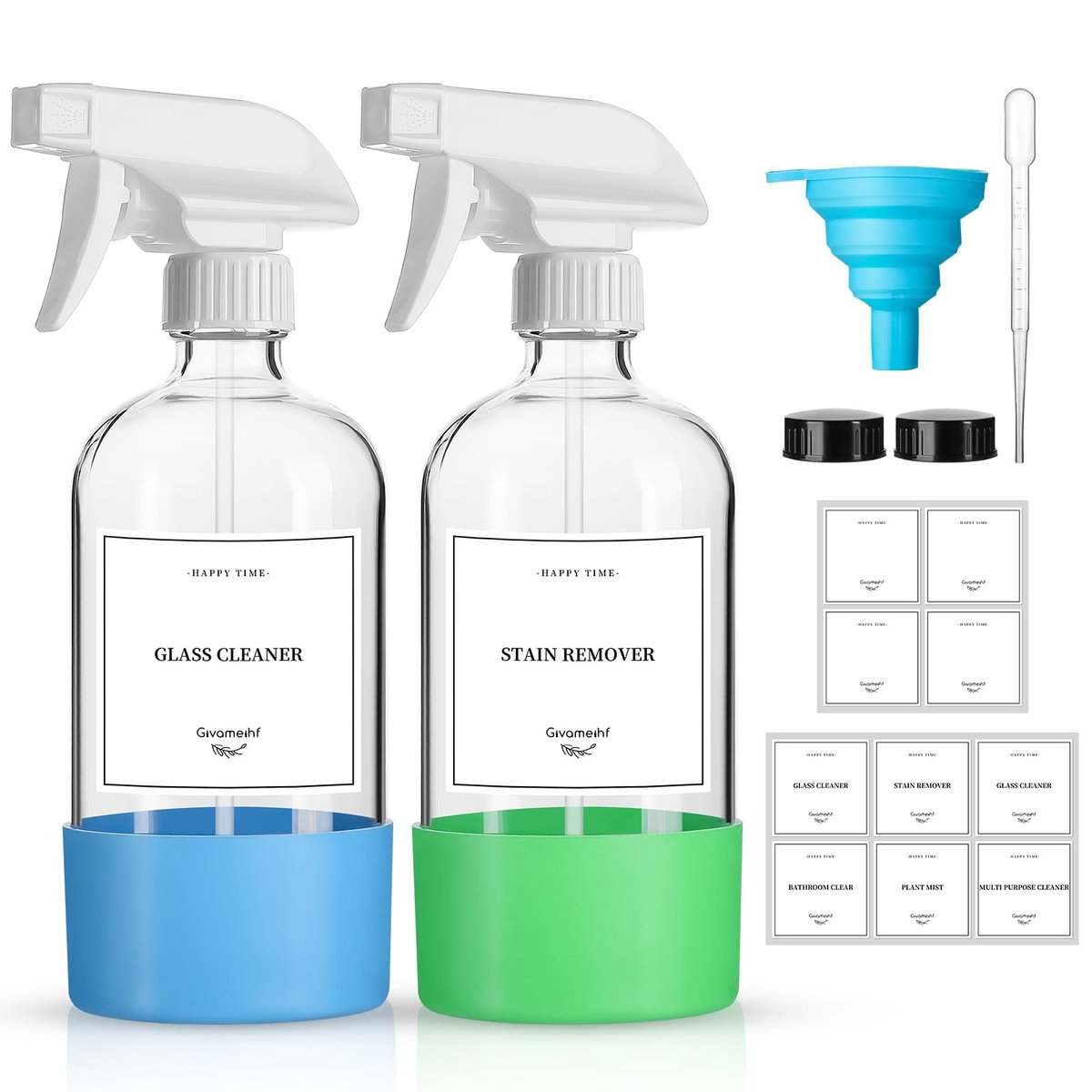 GIVAMEIHF 2 Pack Glass Spray Bottles with Silicone Sleeve - 16oz Clear Refillable Empty Bottles with Adjustable Nozzle for Essential Oils, Cleaning Solutions, Pets, Hair - görsel 1