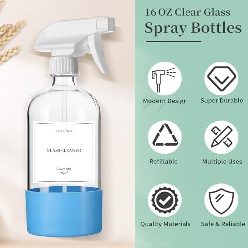4 Pack Glass Spray Bottles with Silicone Sleeve - 16oz Clear Refillable Empty Bottles with Adjustable Nozzle for Cleaning Solutions, Essential Oils, Pets, Hair - GIVAMEIHF Avelisse