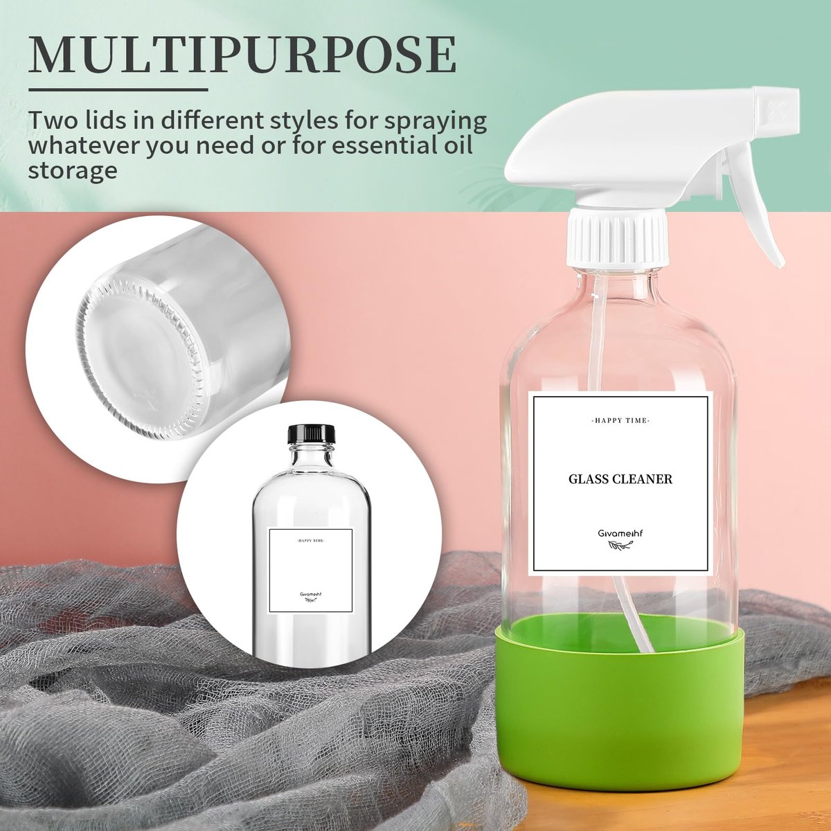 GIVAMEIHF 2 Pack Glass Spray Bottles with Silicone Sleeve - 16oz Clear Refillable Empty Bottles with Adjustable Nozzle for Essential Oils, Cleaning Solutions, Pets, Hair - görsel 11