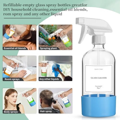 GIVAMEIHF 2 Pack Glass Spray Bottles with Silicone Sleeve - 16oz Clear Refillable Empty Bottles with Adjustable Nozzle for Essential Oils, Cleaning Solutions, Pets, Hair