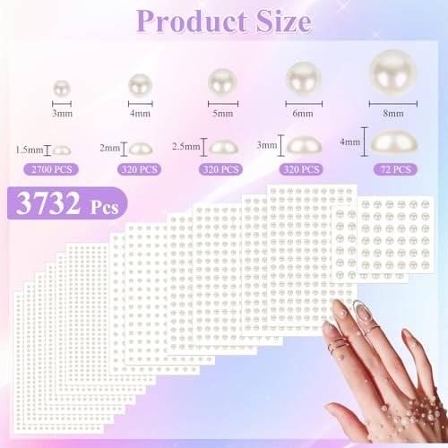 Phinus 3732Pcs Hair Pearls - White and Beige Pearl Stickers for Crafts, Body Gems, Nails, Makeup, and DIY Decorations (3/4/5/6/8mm) - görsel 4