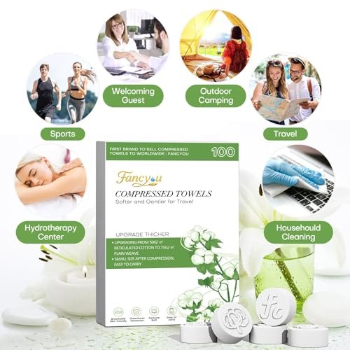 Compressed Towel Tablets 100 Count – Thickened Disposable Face Towel, Biodegradable Cotton Wash Cloths, Portable Mini Compressed Washcloths for Travel, Gym, Home, Outdoor Activities Avelisse