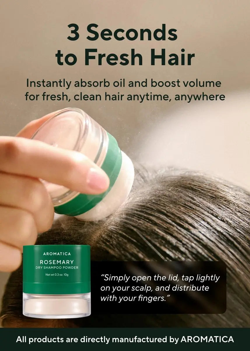 AROMATICA Rosemary Dry Shampoo Powder, Travel Size (10g/0.3oz) - Root Lifting & Volumizing Hair Powder with Panthenol + Biotin, Oil-Absorbing, Non-Aerosol, Talc-Free, Korean Hair Care Avelisse
