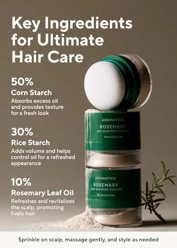AROMATICA Rosemary Dry Shampoo Powder, Travel Size (10g/0.3oz) - Root Lifting & Volumizing Hair Powder with Panthenol + Biotin, Oil-Absorbing, Non-Aerosol, Talc-Free, Korean Hair Care Avelisse