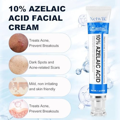 Azelaic Acid 10% Cream for Face – Acne & Rosacea Relief, Reduces Pimples, Blackheads, Pigmentation & Redness