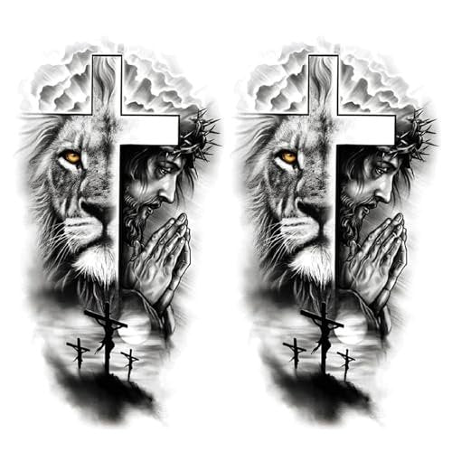 FTVLTAT Large Jesus Cross Half Sleeve Temporary Tattoos - 2 Sheets Waterproof Religious Fake Tattoos for Men Women - görsel 2