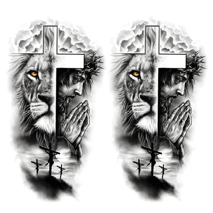FTVLTAT Large Jesus Cross Half Sleeve Temporary Tattoos - 2 Sheets Waterproof Religious Fake Tattoos for Men Women