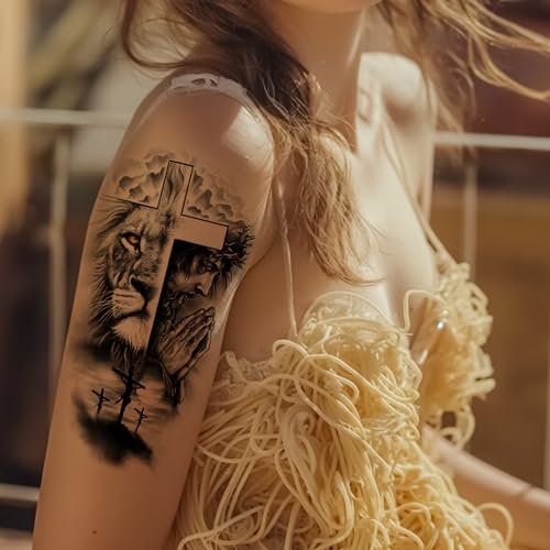 FTVLTAT Large Jesus Cross Half Sleeve Temporary Tattoos - 2 Sheets Waterproof Religious Fake Tattoos for Men Women - görsel 4