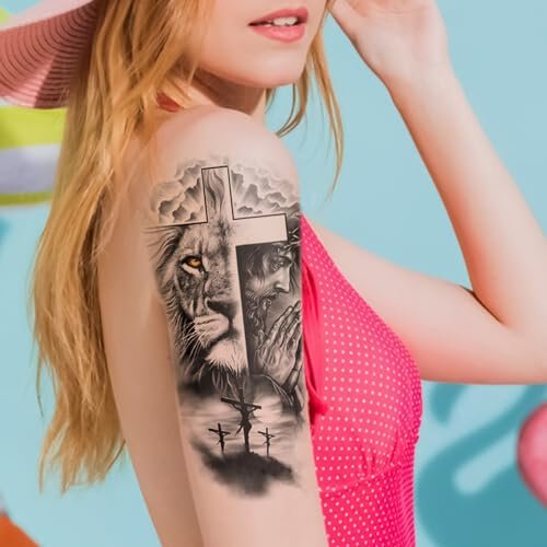 FTVLTAT Large Jesus Cross Half Sleeve Temporary Tattoos - 2 Sheets Waterproof Religious Fake Tattoos for Men Women - görsel 16