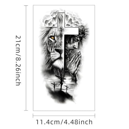 FTVLTAT Large Jesus Cross Half Sleeve Temporary Tattoos - 2 Sheets Waterproof Religious Fake Tattoos for Men Women