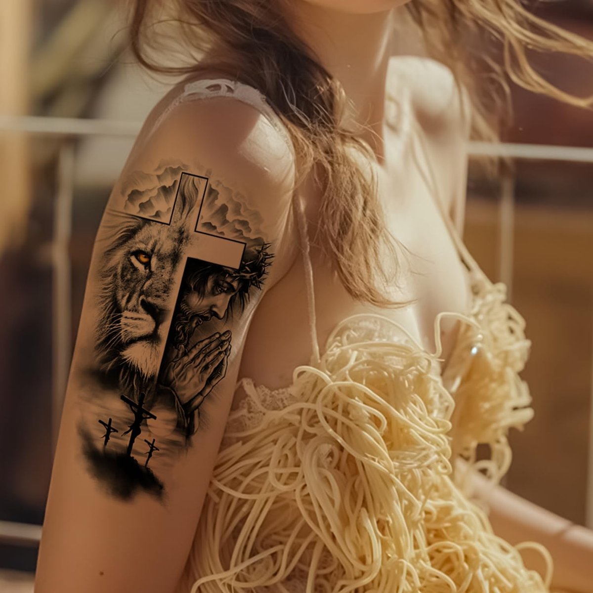 FTVLTAT Large Jesus Cross Half Sleeve Temporary Tattoos - 2 Sheets Waterproof Religious Fake Tattoos for Men Women - görsel 3