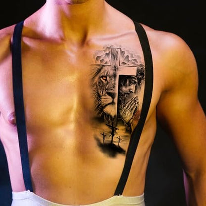 FTVLTAT Large Jesus Cross Half Sleeve Temporary Tattoos - 2 Sheets Waterproof Religious Fake Tattoos for Men Women