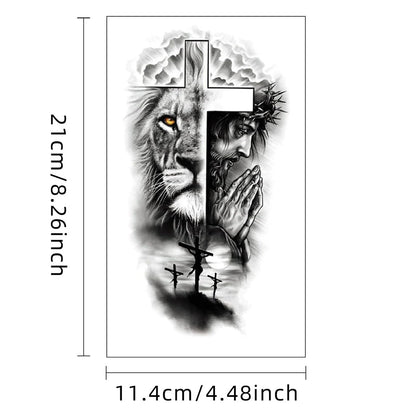 FTVLTAT Large Jesus Cross Half Sleeve Temporary Tattoos - 2 Sheets Waterproof Religious Fake Tattoos for Men Women