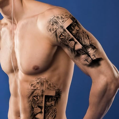 FTVLTAT Large Jesus Cross Half Sleeve Temporary Tattoos - 2 Sheets Waterproof Religious Fake Tattoos for Men Women